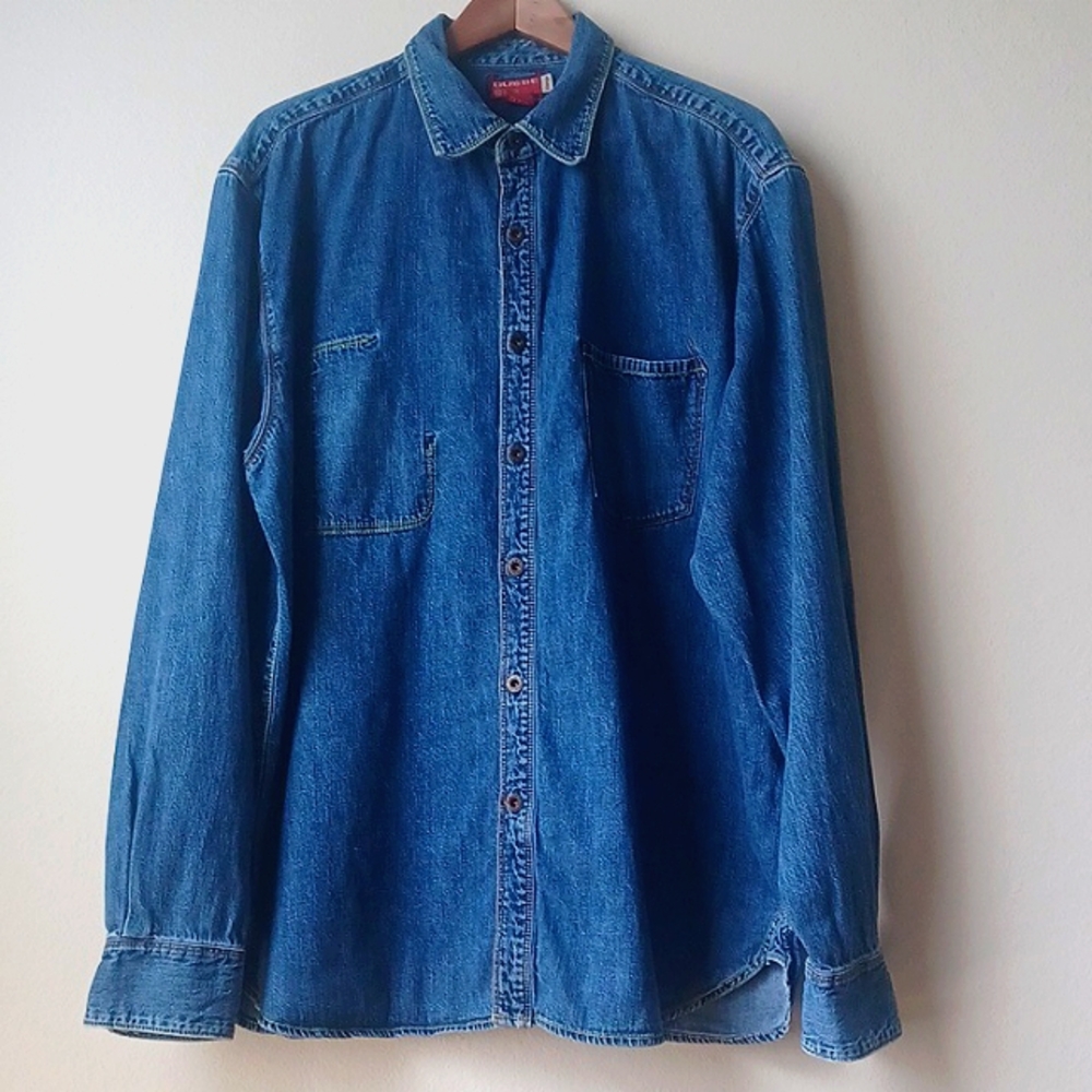 Vintage Guess Denim Long Sleeve Shirt Rear Bleach Dot Pattern Men's SZ XL